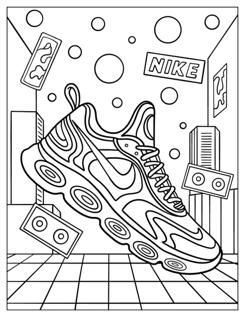 Een Nike-sneaker met golvende lijnen staat in een futuristische omgeving.
