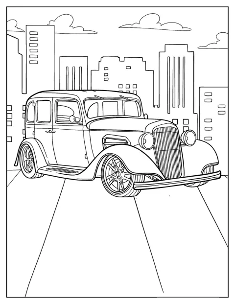 Realistický hot rod projíždí ulicemi města.