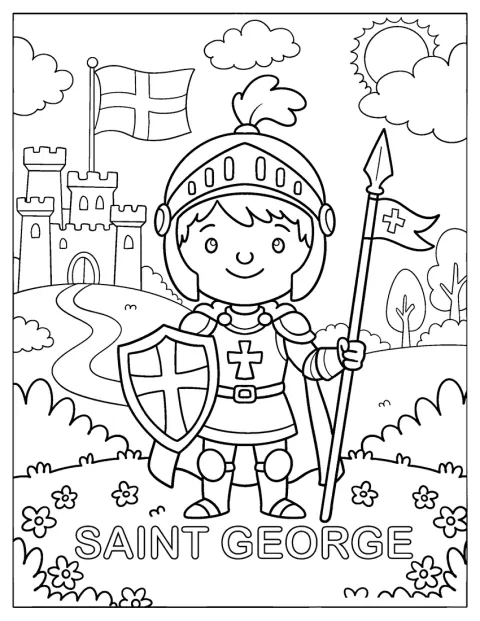 Saint Coloring Page of George Holding a Shield and Spear in a Castle Garden