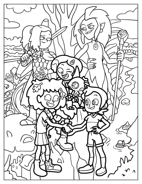 Sasha Waybright, Edalyn Clawthorne, Marcy Wu, Anne Boonchuy en Luz Noceda staan samen.
