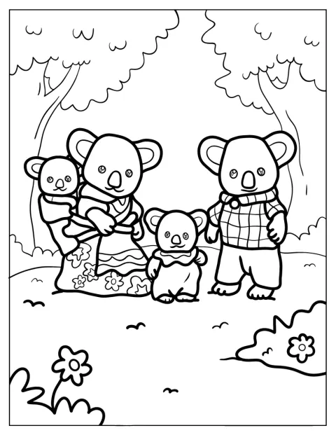 Egy aranyos Calico Critters koalacsalád látható.