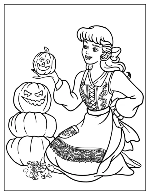 Cinderella stapelt uitgeholde Halloweenpompoenen tot een hoge toren.