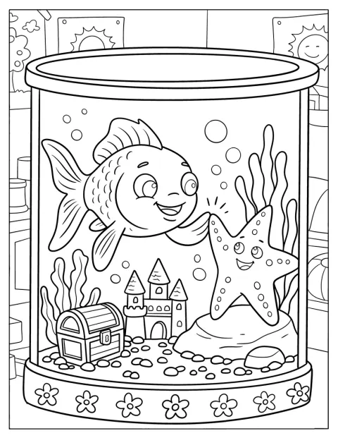Ein Goldfisch und ein Seestern schwimmen zwischen Schätzen und einer Burg in einem Aquarium.