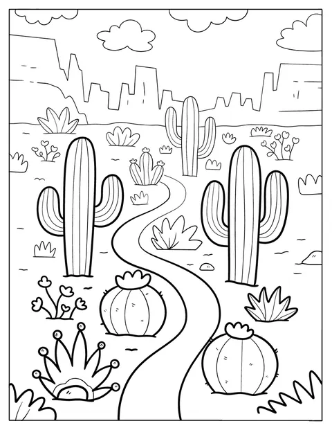 Des cactus hauts et arrondis bordent un sentier qui traverse le désert.