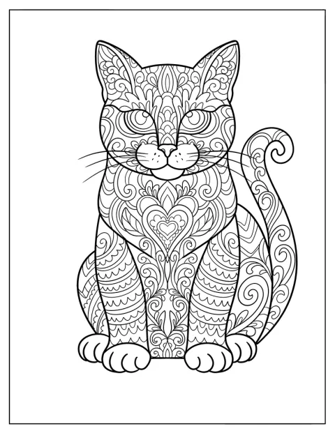 優雅な猫が座り、周囲を曼荼羅風の模様が囲んでいます。