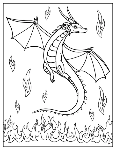 Ein Drache fliegt durch die Luft und speit Flammen.