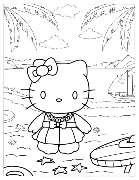 Hello Kitty a parton áll, mögötte egy vitorlás hajó úszik.