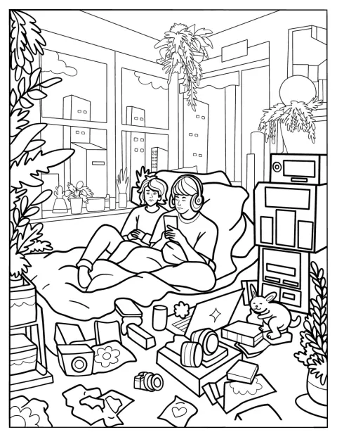 Um homem e uma mulher descansam juntos na cama, num quarto desarrumado.