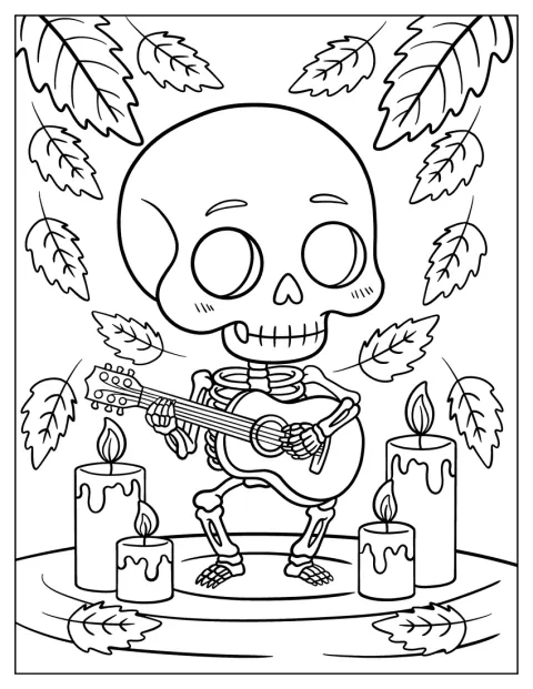 Bei Kerzenschein spielt ein musikalisches Skelett Gitarre.
