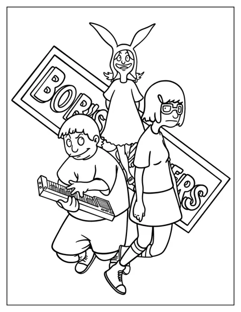Gene, Louise ja Tina poseeraavat Bob’s Burgers -ravintolan kyltin edessä.