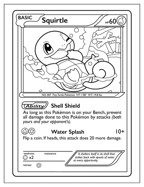 Squirtle si protegge con il guscio su una carta Pokémon.