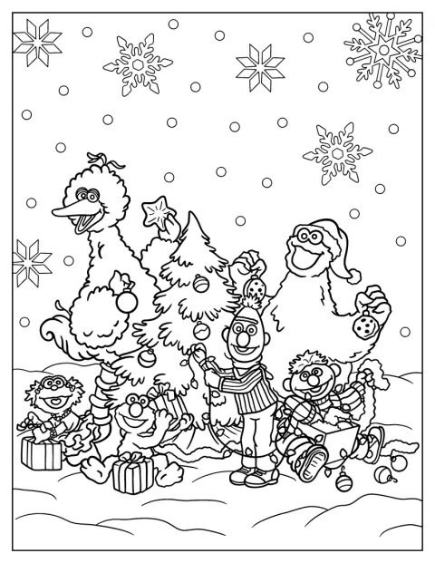 Big Bird, Elmo, Cookie Monster și prietenii lor decorează un brad de Crăciun.