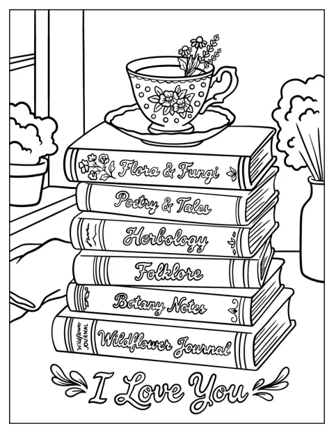 Auf einem Bücherstapel steht eine Teetasse neben den Worten „I Love You“.