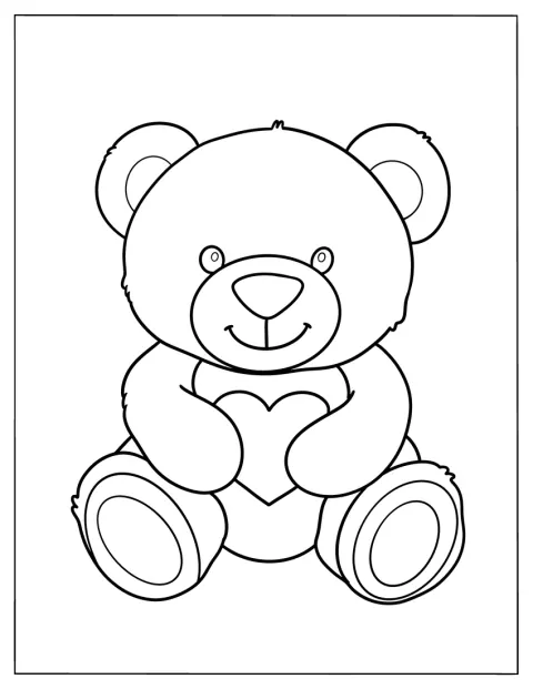 En sød bamse med runde ører holder et hjerte.