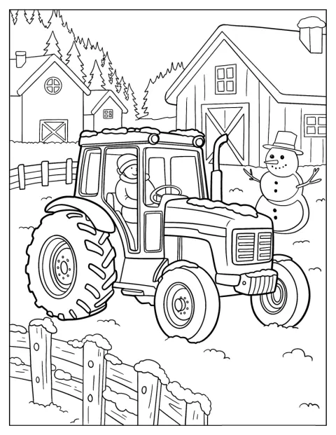 Farmer Driving Winter Tractor Coloring Page Through Snow
