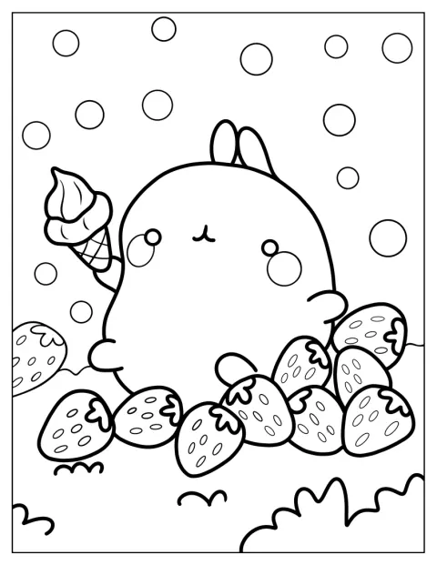 Molang se trouve au milieu d’un assortiment de fraises.