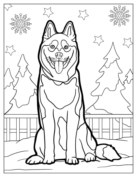 毛並みや表情まで丁寧に描かれたハスキーが座っています。