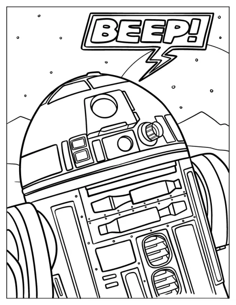 R2-D2 er tegnet i en sød, tegneserieagtig stil.
