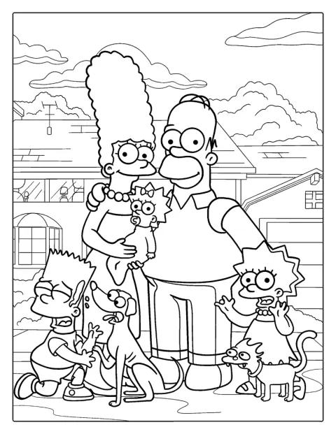 Simpsons-familien står sammen med alle deres kæledyr.
