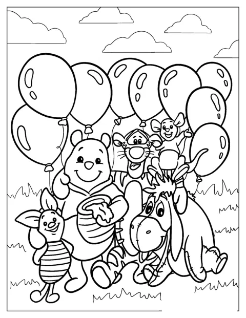 Winnie the Pooh sorride mentre festeggia il suo compleanno.