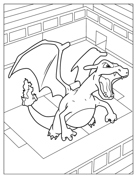 Den frygtindgydende Charizard flyver ud fra et Pokémon-stadion.