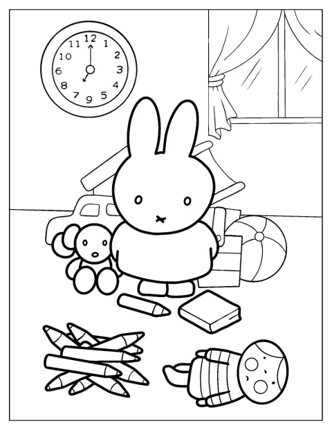 Miffy játékok között ül, és egyszerű formák veszik körül.