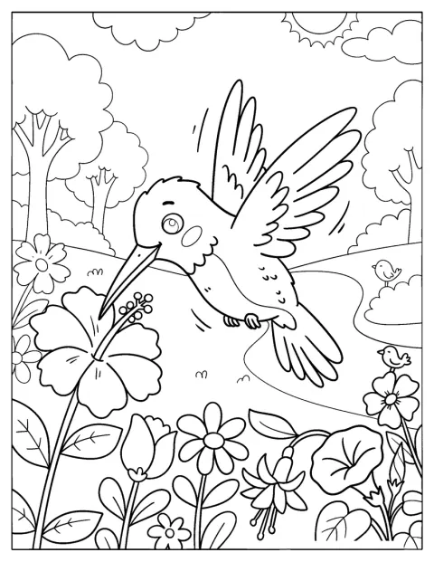 In einem Garten trinkt ein Kolibri Nektar aus einer Hibiskusblüte.