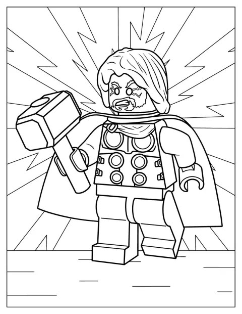 Uma figura LEGO de Thor posa com o equipamento do herói.