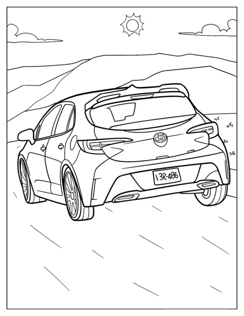 Een Toyota Corolla rijdt over de weg, gezien van achteren.