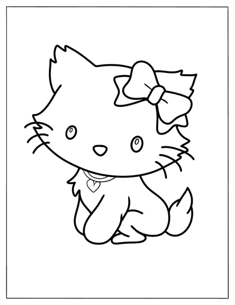 リボンをつけたかわいい猫が、正面を向いて座っています。