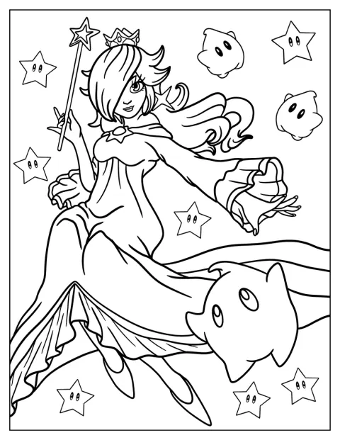 Rosalina usa um vestido comprido e segura uma varinha junto de Luma.