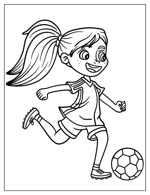 Uma menina chuta uma bola de futebol.