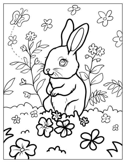 Au milieu d’un champ fleuri, un joli petit lapin observe les alentours.
