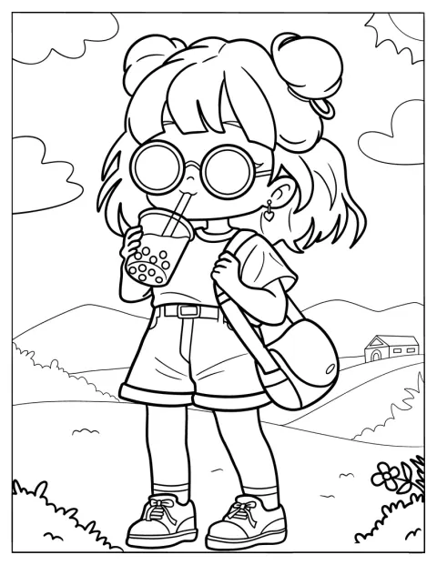 Dívka v brýlích popíjí bubble tea v parku.