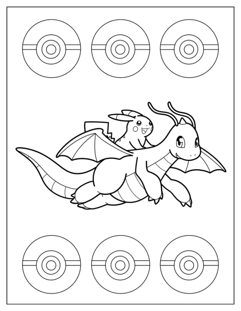 Pikachu viaja sobre el lomo de Dragonite.