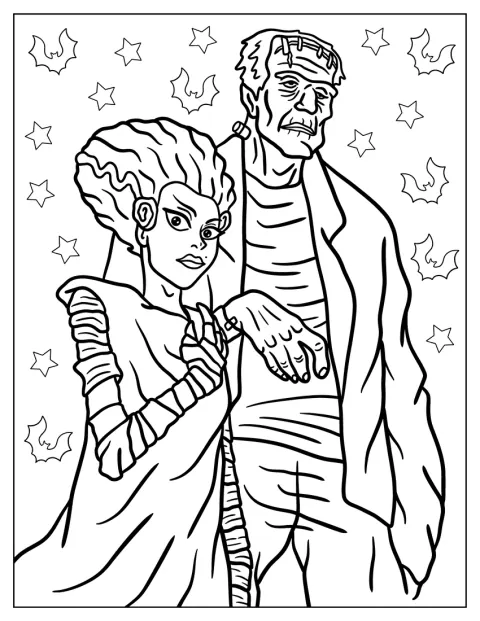 Frankenstein aparece ao lado da sua noiva, ambos vestidos com trajes de monstros.