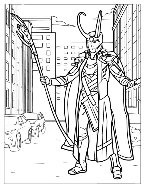Der finstere Loki steht zwischen hohen Gebäuden in der Stadt.