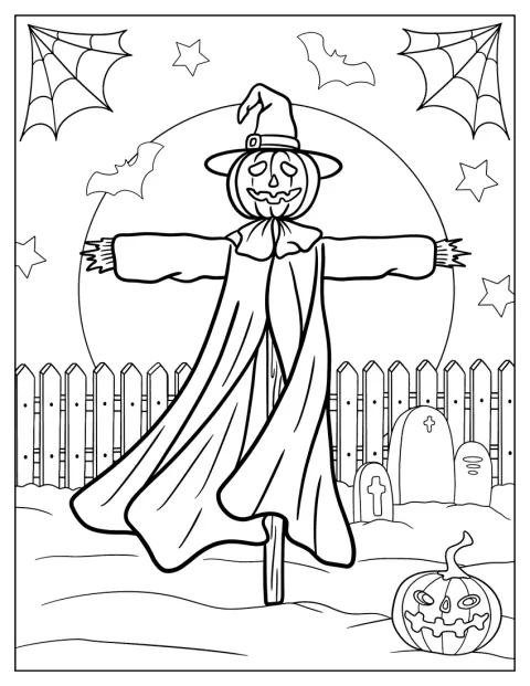 ハロウィーンのかかしが、長いマントをなびかせています。