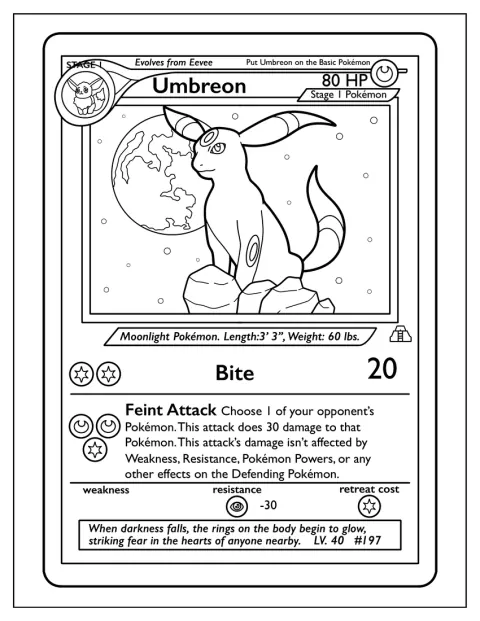 Umbreon prepara-se para morder, representado no centro da carta Pokémon.