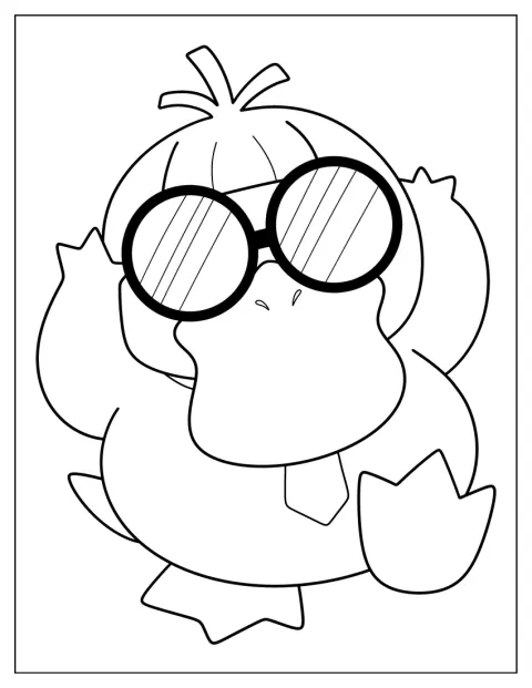 Psyduck har briller, paryk og slips på.