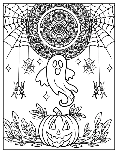 Ett halloweenmandala hänger ovanför ett spöke och en lyktpumpa.