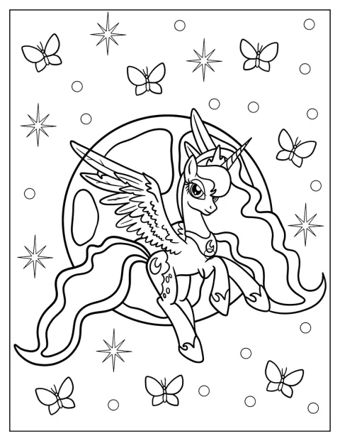 La princesse Luna est entourée d’étoiles et de papillons.