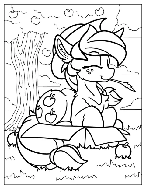 Sentada en una caja, Applejack mastica un tallo de paja con alegría.