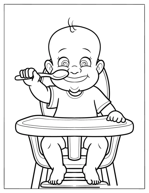 幼児がスプーンを手に持ち、にっこり笑っています。