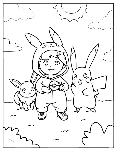 Trenér Pokémonů stojí po boku Pikachu a Eevee.