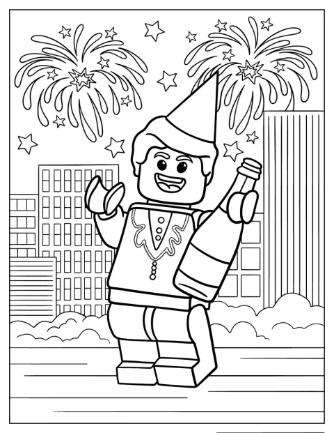 Egy LEGO-figura pezsgősüveget bont szilveszterkor.