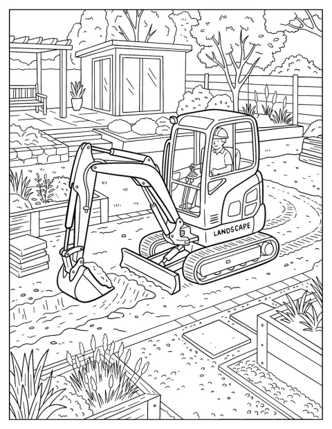 Puskulevyllä varustettu minitelakaivinkone tekee maisemointitöitä.
