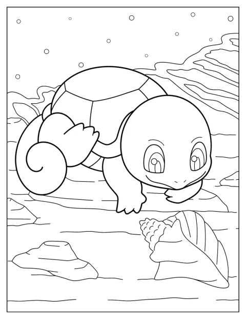 Squirtle si u vody prohlíží mušli.