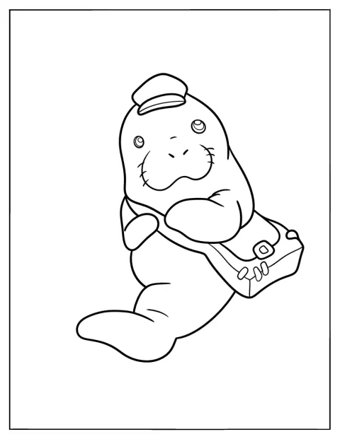 Un lamantino vestito da postino porta la posta.