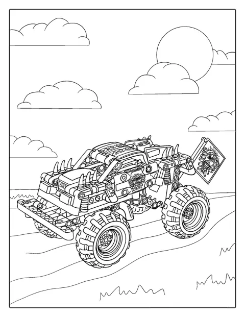 Monster truck složený z kostek Lego stojí připravený k jízdě.